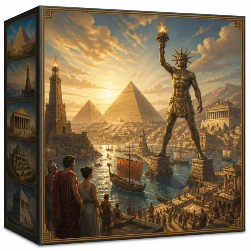 7 Wonders game components on a table