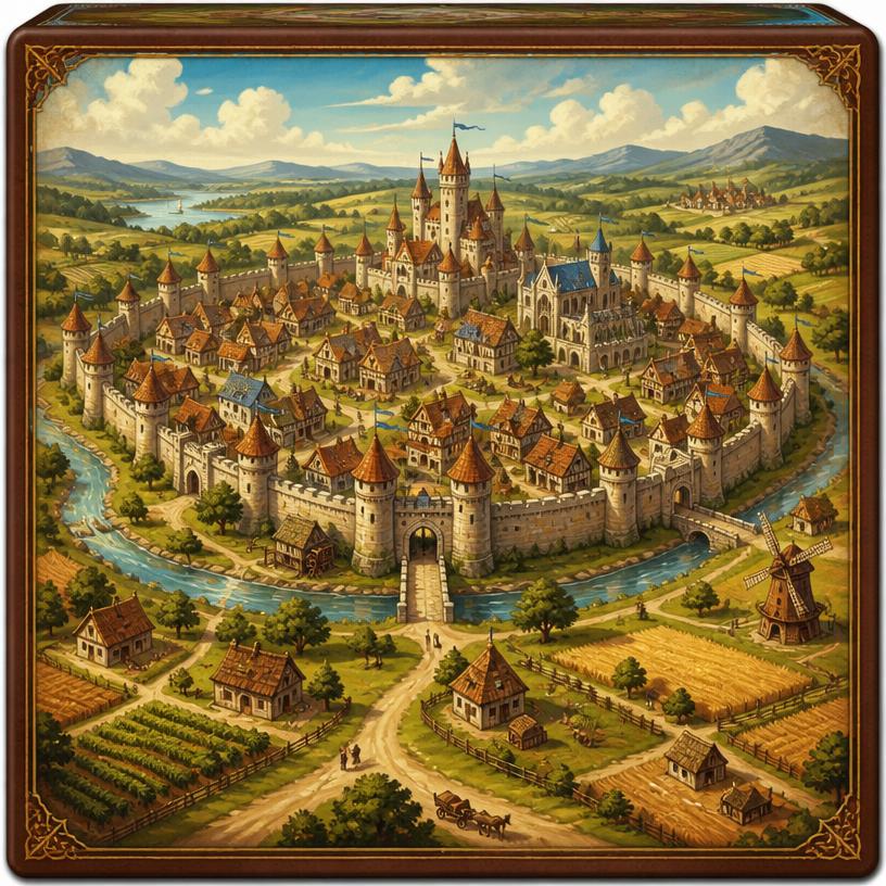 Carcassonne game components on a table