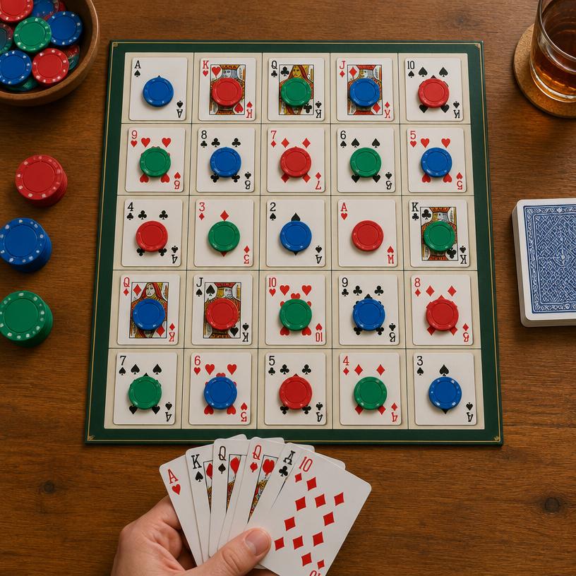 Sequence game components on a table